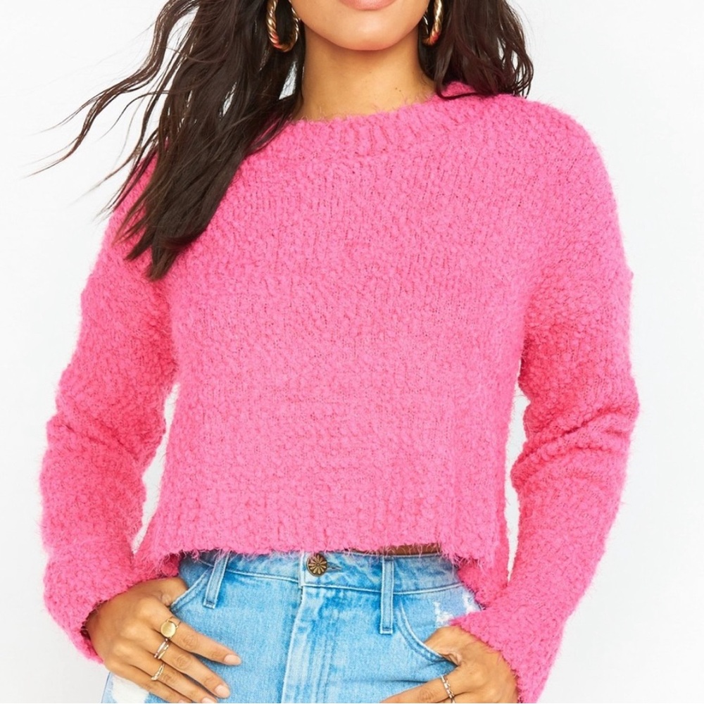 SHOW ME YOUR MUMU!Cropped Varsity Knit Sweater in Pink